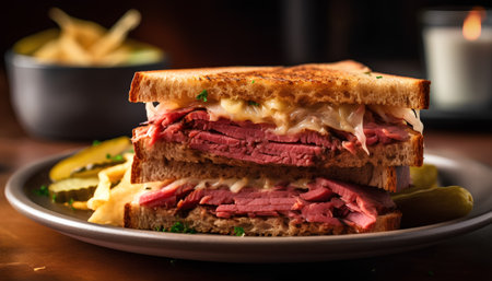 Sandwich with roast beef, cheese and pickled cucumber.の素材