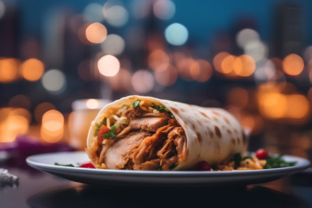 Tortilla wrap with meat and vegetables on a dark background.の素材
