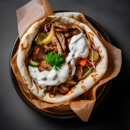 Greek gyros with meat and vegetables on a dark background, top viewの素材
