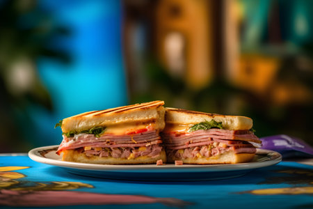 Two sandwiches with ham, cheese and salad on a plate. Selective focus.の素材
