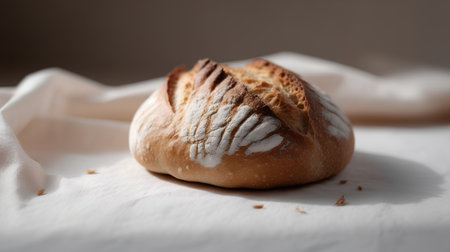 Freshly baked bread on a white cloth. Selective focus.の素材