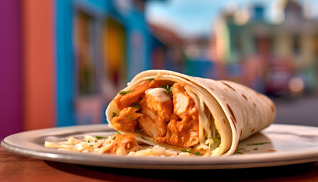 tortilla with chicken and cheese on the table in the restaurantの素材