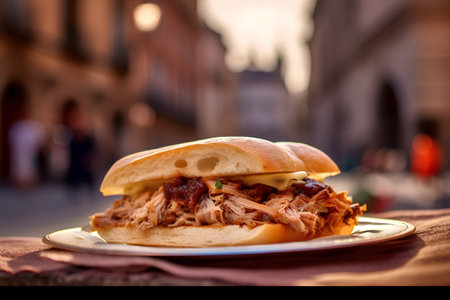 Sandwich with pulled pork and cheese on the table in Rome, Italyの素材