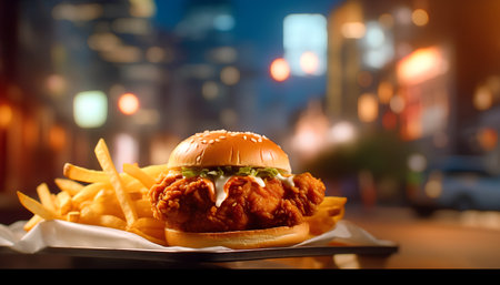 Burger with french fries and fried chicken on the background of the night cityの素材