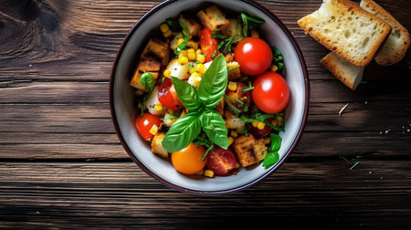 Fresh vegetable salad with tomatoes, corn and basil in a bowl on a wooden tableの素材
