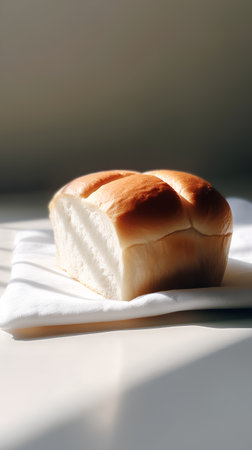 Bread on a white napkin on a table in the sunlightの素材