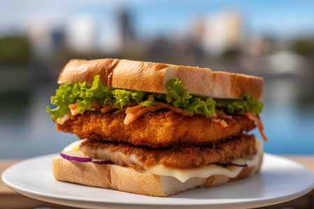 Breaded fish burger on a wooden table with a view of the cityの素材