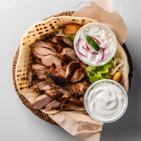 Traditional turkish kebab served with yoghurt and salad, top viewの素材