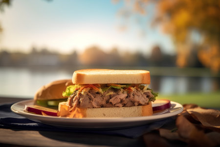 Tuna sandwich on a wooden table in the park. Selective focus.の素材