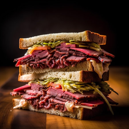 sandwich with roast beef, cheese and pickles on wooden tableの素材