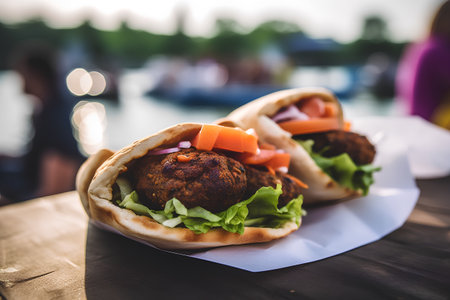 Traditional arabic falafel with fresh vegetables on a wooden tableの素材
