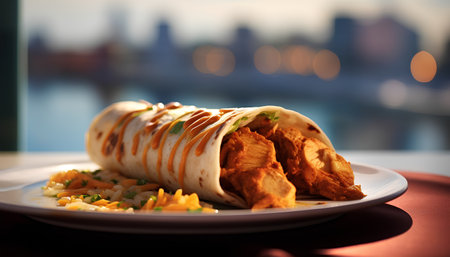 Traditional mexican tortilla wrap with chicken meat and vegetables.の素材