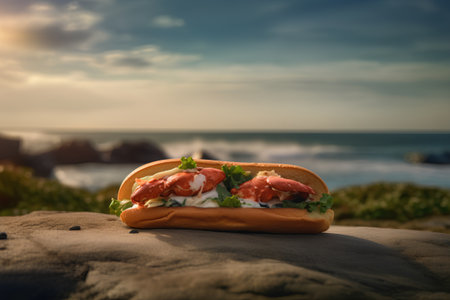 Sandwich with smoked salmon on the beach. Toned image.の素材