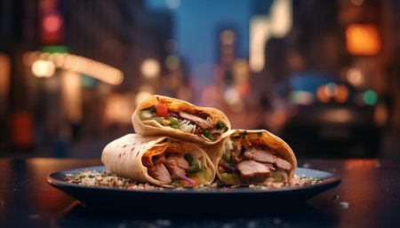 Tortilla wrap with meat, vegetables and quinoa on dark backgroundの素材
