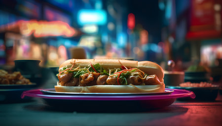 Hot dog on the table in a restaurant. Selective focus.の素材