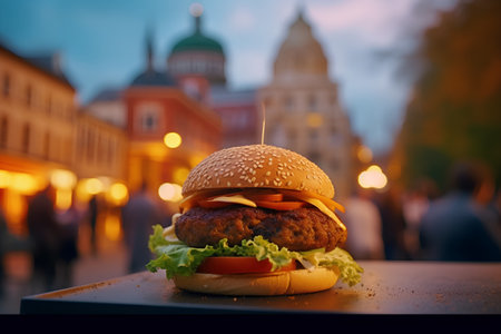 Hamburger on a table in front of the city lights.の素材