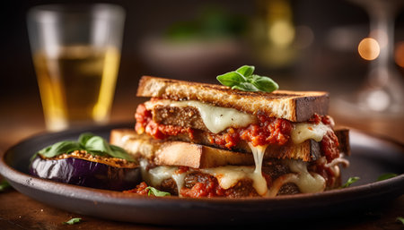 Grilled eggplant with tomato sauce and mozzarella cheese on toasted breadの素材