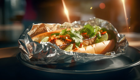 Hot dog with vegetables in foil on a black plate in the restaurantの素材