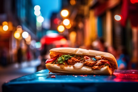 Hot dog with meat and vegetables on the street at night. Toned.の素材