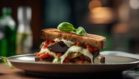 Grilled eggplant sandwich with tomato, mozzarella and basilの素材
