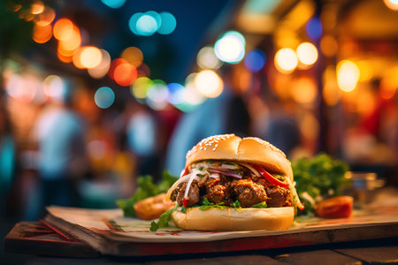 Hamburger with meatballs and vegetables on a background of the night cityの素材