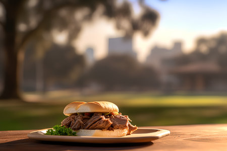 Sandwich with beef on a wooden table in the park at sunsetの素材
