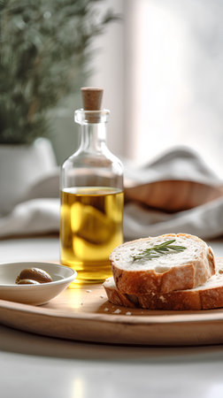 Slices of bread with olive oil and herbs on a plateの素材