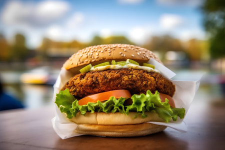 Hamburger on the background of the river. Close-upの素材