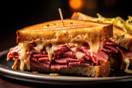 Sandwich with roast beef, cheese and mayonnaise on a dark backgroundの素材