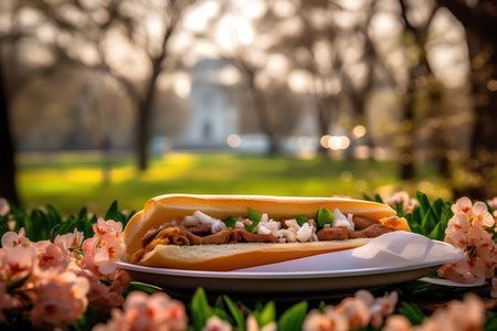 Hot dog on the grass with flowers in the park. Selective focus.の素材