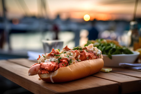 Lobster hot dog with mayonnaise, fresh salad and lemon on wooden tableの素材