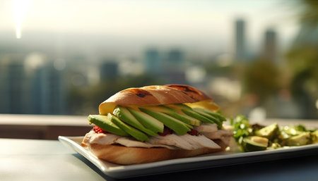 Sandwich with chicken and avocado on the background of the city.の素材