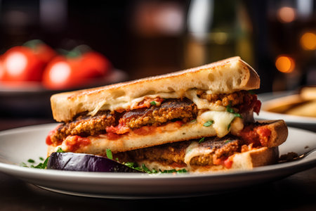 Sandwich with fried meatballs, eggplant and tomato sauce on a wooden backgroundの素材