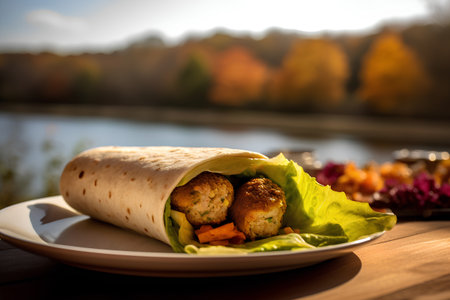 Tortilla with falafel and salad on a wooden backgroundの素材
