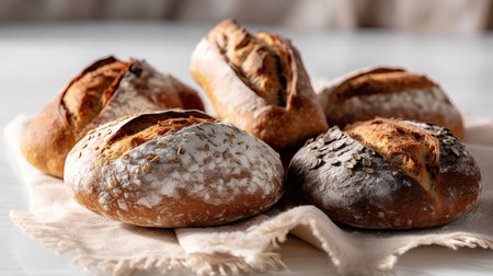 Freshly baked bread on a white tablecloth. Selective focus.の素材