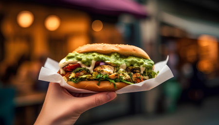 Hands of a man holding a hamburger with grilled chicken and avocadoの素材