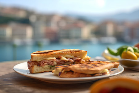Ham and cheese sandwich on a wooden table in front of a blurred backgroundの素材