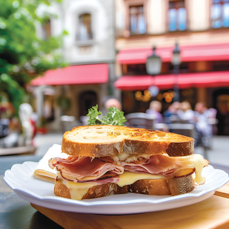 sandwich with ham and cheese on the table in a cafe.の素材