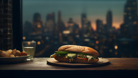 Sandwich with cheese and cucumber on a wooden table in front of a window overlooking the cityの素材