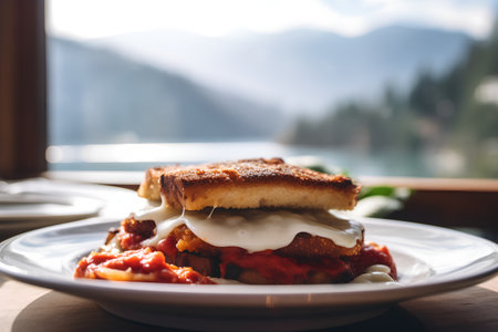 Sandwich with cheese and tomato sauce on a wooden table in a cafeの素材