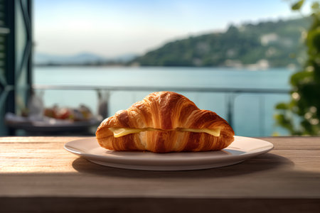 Croissant on a wooden table with a view of the lakeの素材