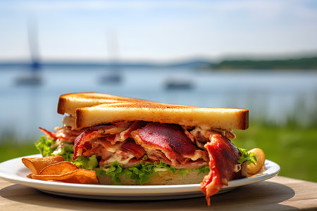 Sandwich with bacon, lettuce and tomato on a wooden table.の素材