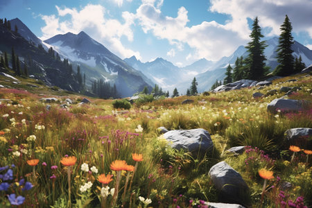 Mountain meadow with wildflowers and blue sky with cloudsの素材