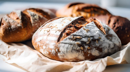 Freshly baked bread on a baking paper. Close-up.の素材