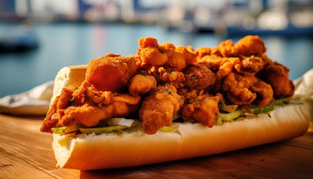 Fried chicken nuggets in a hot dog on a wooden tableの素材