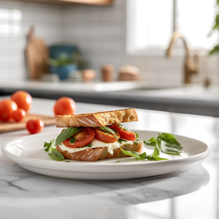 Tasty sandwich with tomato and arugula on plate in kitchenの素材