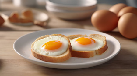 Fried eggs on toasted bread on wooden table, closeupの素材
