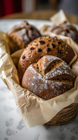 Basket of freshly baked bread with raisins and poppy seedsの素材