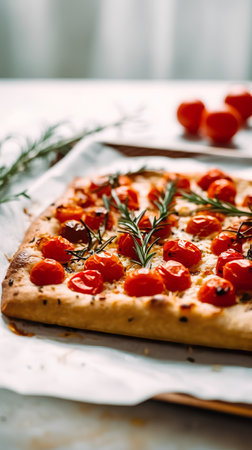 Delicious italian focaccia with cherry tomatoes and rosemary.の素材