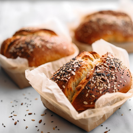 Freshly baked buns with sesame seeds on a light backgroundの素材